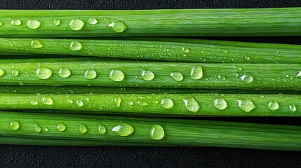 Wall Mural -   A green bean image, shot close-up with water droplets on the stem's top