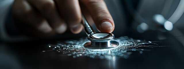 Poster - a doctor's hand holding a stethoscope is depicted alongside a ui icon, symbolizing medical care with