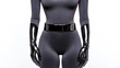 © edojob - Woman wearing latex gloves and a gray bodysuit with black belt posing on white background