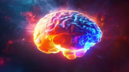 Poster - Brain is shown in a bright orange and blue color. The brain is surrounded by a galaxy of stars and planets. Concept of wonder and curiosity about the universe and the human brain