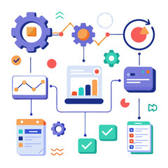 Poster - This graphic illustrates the optimization of workflow with interconnected charts and processes. Various elements depict steps taken to streamline tasks using data analysis