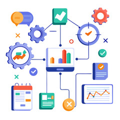 Poster - Visualization of workflow optimization displaying various charts and steps. The design includes gears, icons, and graphs that show connections and processes aimed at improving efficiency