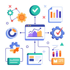 Poster - This visual displays workflow optimization concepts including charts, gears, and indicators, illustrating steps needed for efficient process management and data analysis