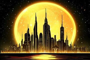 futuristic cityscape silhouetted against a large glowing celestial body