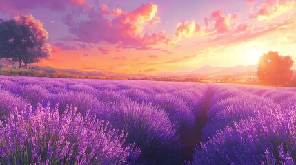 Wall Mural - a painting depicts a lavender field bathed in sunlight while a solitary tree stands in the foregroun