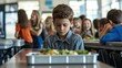 © melvilsky - A lonely schoolboy sits by himself in the lunchroom, looking down with a sad expression.