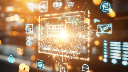 Poster - Computer screen shows a shopping cart with a variety of icons surrounding it. The icons include a laptop, a cell phone, a keyboard, and a mouse. Concept of shopping and technology