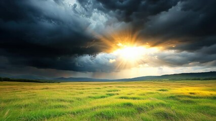 Wall Mural - field of grass with a stormy sky and a bright sun. the sun is shining through the clouds, creating a