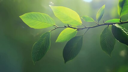 Wall Mural - leafy green branch with a leafy green stem. the leaf is green and has a light green hue