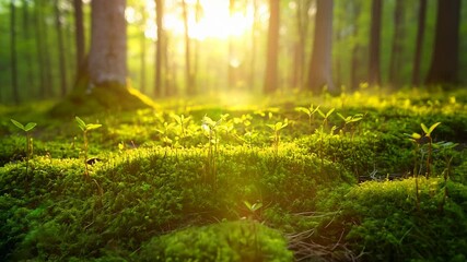 Wall Mural - lush green forest with a sun shining through the trees. the sun is casting a warm glow on the grass 