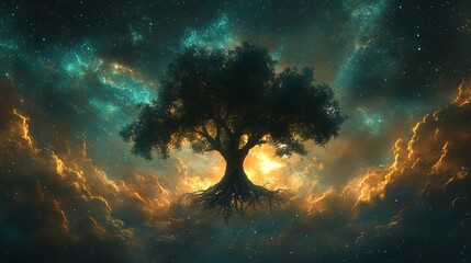 Wall Mural - Mystical Tree of Life with Glowing Roots in a Starry Night Sky