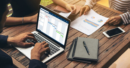 Poster - project planning software for modish business project management on the computer screen showing time