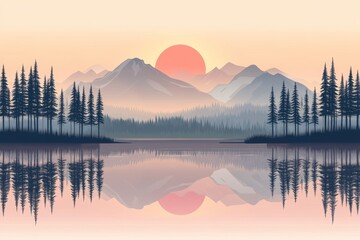 A surreal and abstract collage depicting a landscape with a red sun, forest, trees, mountains, and water, featuring grunge, halftone, and glitch effects