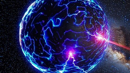 Wall Mural - Cosmic energy sphere glowing with intense blue and purple light. Radiating electromagnetic force against dark starry background