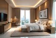© Mena Bakhet - A contemporary bedroom with a plush couch, a neatly made bed, and a wall-mounted television for relaxation