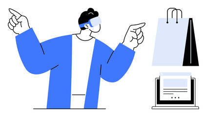 Poster - person wearing vr headset interacts with virtual objects, including shopping bags and a laptop. idea