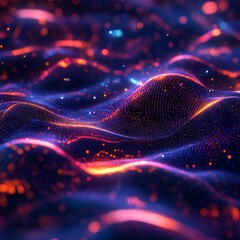 Leinwandbilder - Abstract Digital Landscape with Glowing Particles and Dynamic Wavy Surfaces, Futuristic Technology Design