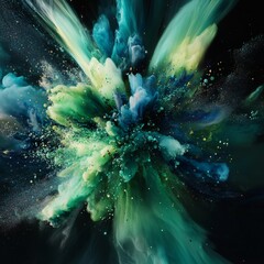 Poster - Abstract Explosion: Emerald and Azure Hues Colliding in a Swirl of Mystical Energy and Sparkle