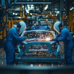 Poster - Automated Precision: Vehicle Assembly Line with Skilled Technicians Welding Car Chassis in a Modern Industrial Factory