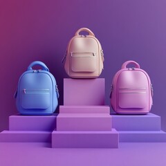 Poster - Colorful Minimalist Backpacks Displayed on Geometric Lavender Podium with Gradient Background