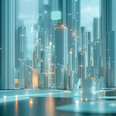 Poster - Futuristic Digital Cityscape with Glowing Connections and Data Cube, Abstract Technology Metropolis.