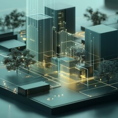 Poster - Futuristic Cityscape Render: Glowing Data Lines and Modern Architecture in a Sci-Fi Urban Landscape