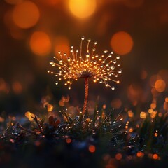 Leinwandbilder - Golden Dewdrop Bloom: A Dandelion Seed Head Adorned with Sparkling Water Droplets Against a Warm Bokeh Background