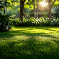 Aufkleber - Golden Hour Glow: A Close-Up View of Lush Green Grass in a Tranquil Garden Setting, Bathed in Warm Sunlight.