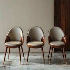 Poster - Minimalist Elegance: Trio of Modern Chairs with Wooden Frames and Beige Cushions in a Stylish Interior Setting.