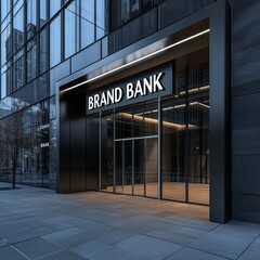 Poster - Modern Architectural Facade of Brand Bank Building with Glass Entrance and Dark Exterior