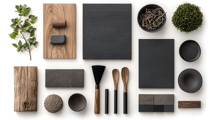 Poster - Assorted dark wooden and stone objects on white background