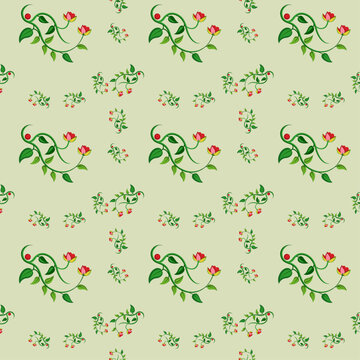 Seamless Floral Pattern with Green Vines and Colorful Flowers on Light Green Background
