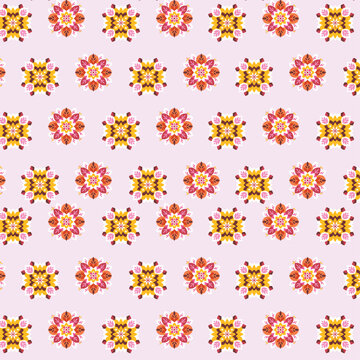 Seamless Pattern of Alternating Yellow and Red Flowers on Light Pink Background