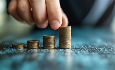 Poster - Businessman placing coin on stack of coins, symbolizing increasing profit