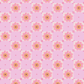 Seamless Pattern of Smiling Cartoon Flowers on Checkerboard Pink Background