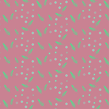 Seamless Pink Background with Green Leaves and Small Flowers