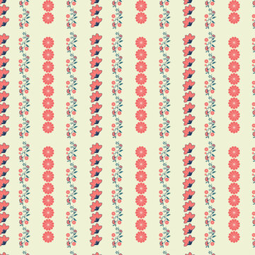 Seamless Vertical Stripes with Pink Flowers and Butterflies