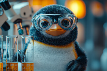 Poster - penguin dressed as scientist analyzing test tubes in laboratory filled with beakers and microscopes 