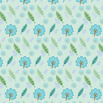 Whimsical Nature-Inspired Pattern with Trees, Flowers, and Leaves on Mint Green Background