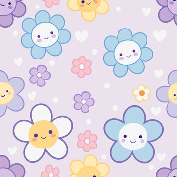 Whimsical Pastel Pattern with Smiling Flowers and Sparkles