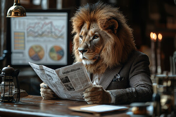 Poster - Lion in a tailored suit reading financial newspaper at wooden desk with charts and graphs displayed on screen behind him. Concept of business authority.