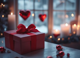 Aufkleber - Valentine's day gift box wrapped with red ribbon on table with romantic decor