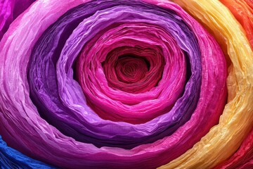 Poster - A stunning concentric pattern of colorful fabrics creates a captivating visual vortex, with vibrant hues blending seamlessly to draw the eye into its mesmerizing center.