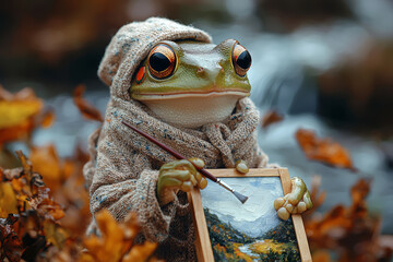 Aufkleber - Frog dressed as artist painting landscape canvas outdoors with easel set up near scenic riverbank. Concept of artistic expression.