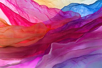 Poster - An abstract close-up of colorful sheer fabric layers, creating a vibrant and dreamy texture with a mix of pink, red, orange, yellow, purple, and blue hues.