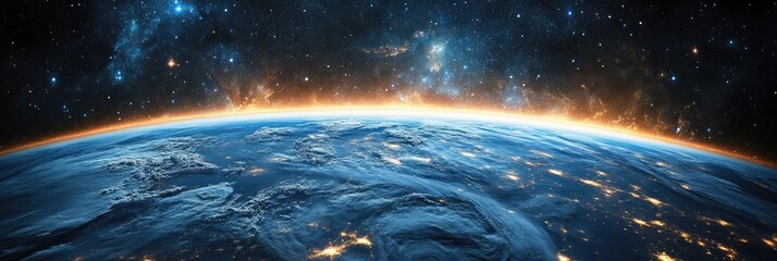 blue earth from space with orange atmospheric glow and starry sky