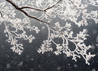 Poster - Snow falling on frozen branches over dark water in winter landscape