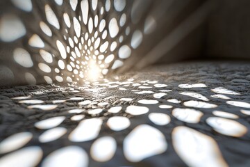 Poster - A mesmerizing play of light and shadows creates an ethereal atmosphere within an architectural space, featuring intricate patterns on textured surfaces.