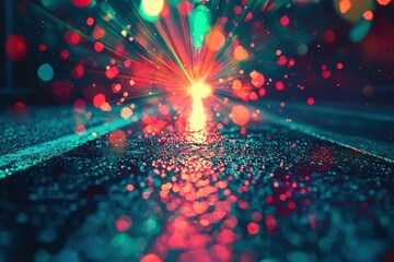 Poster - A vibrant explosion of red and teal bokeh lights radiating from a bright center, illuminating a textured surface with dynamic reflections and abstract patterns.