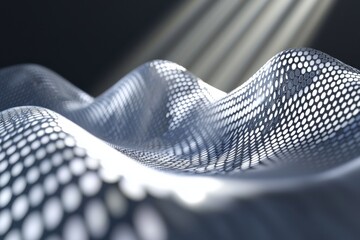 Poster - a futuristic, undulating surface with a pattern of white circles reflecting light, creating a dynami